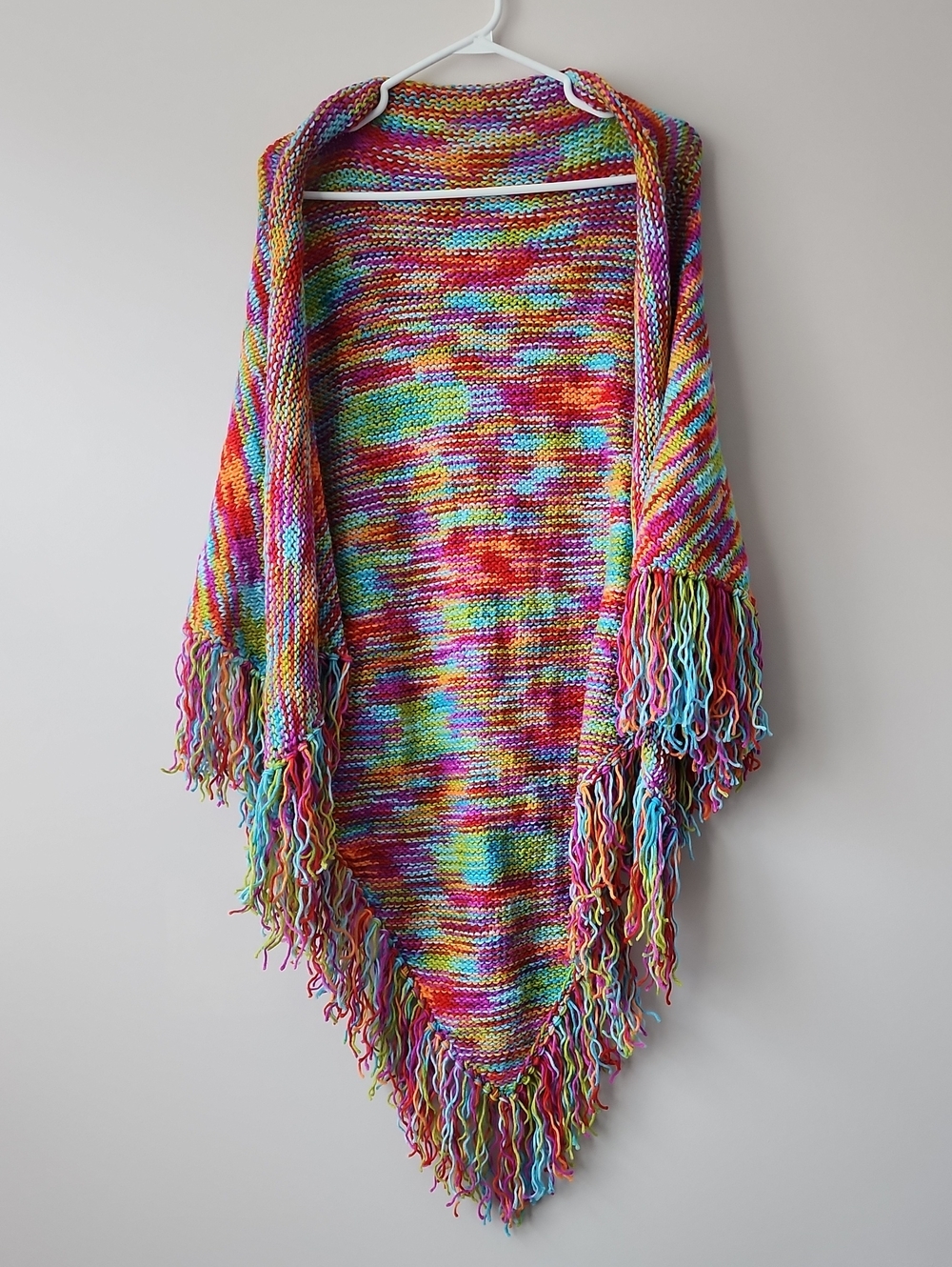 Multicolored Fringe Knit Shawl Cardigan - Vibrant Rainbow Wrap🌈🦄